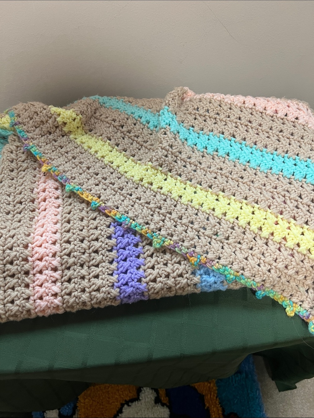 Handmade Crochet Striped Throw - Beige with Pastel Accents